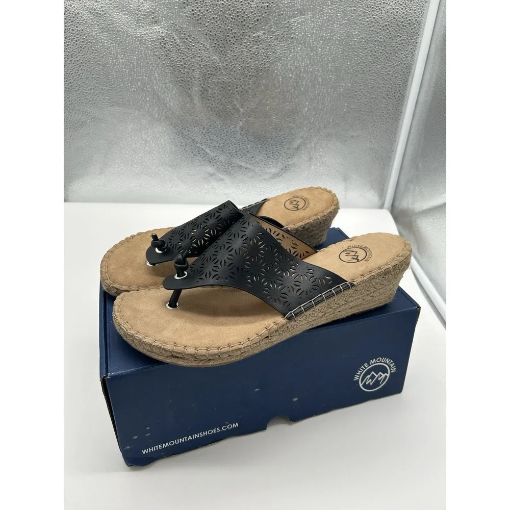 New White Mountain Beaux Perforated Thong Espadrille Wedge Sandals Black Size 11